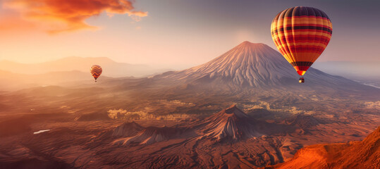 View of a hot air balloon flying over the mountains at sunset, against a copy space background, generative ai