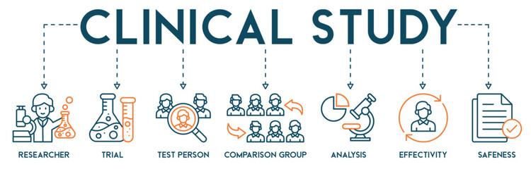 Clinical study banner web icon vector illustration concept for clinical trial research with an icon of researcher, trial, test person, comparison group, analysis, effectivity, and safeness