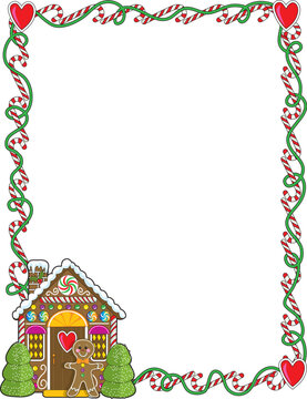 A border or frame featurng Christmas candy canes and a gingerbread house