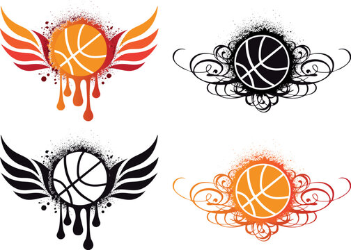 basketball with fire wing and ornament, vector