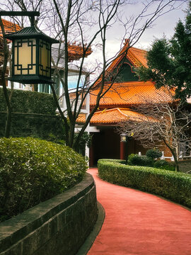 Wollongong, NSW, Australia-June 24, 2022: Nan Tien Buddhist Temple Complex with colorful roofs, exquisite decorations, curved pathways, stone sculptures and serene gardens in Australia.