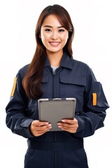 Fototapeta premium Portrait female mechanic smiling confident isolated on white AI Generative