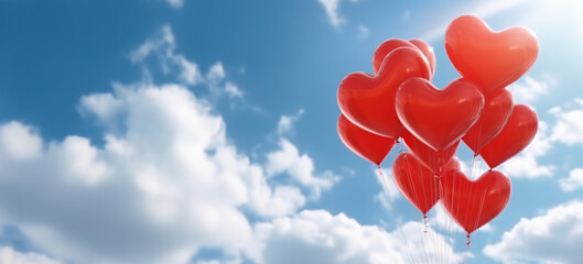 Obraz na płótnie Canvas love shaped balloons flying in clear sky. for velentin's day celebration, mother's day, wedding, birthday, etc, genertive ai