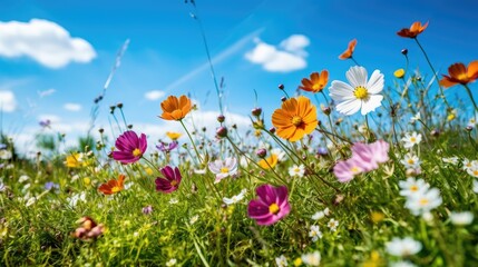 Fototapeta na wymiar Colorful spring flowers on a field under a blue sky. Generative AI