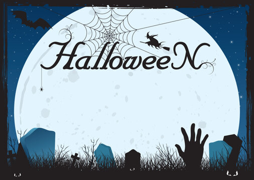 Blue Halloween Card Or Cemetery Background With Hand, Bats, Tombs, Moon, Web And Witch