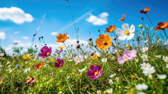 Colorful spring flowers on a field under a blue sky. Generative AI
