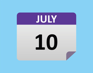 10th July calendar icon. July 10 calendar Date Month icon vector illustrator. calendar icon.
