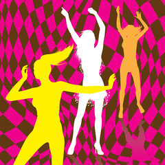 Retro dancing girl silhouettes with wavy plaid background