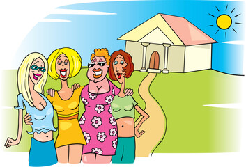 cartoon illustration of four women on meeting