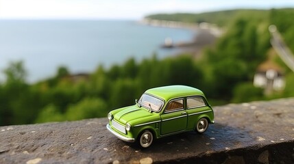 Green toy car on a sunny summer beach. Travel summer vacation. Travel and fun. Childhood retro play.