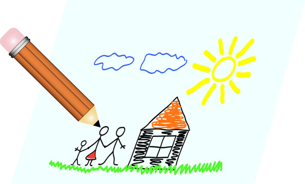Picture of drawing of family, house, sun and sky
