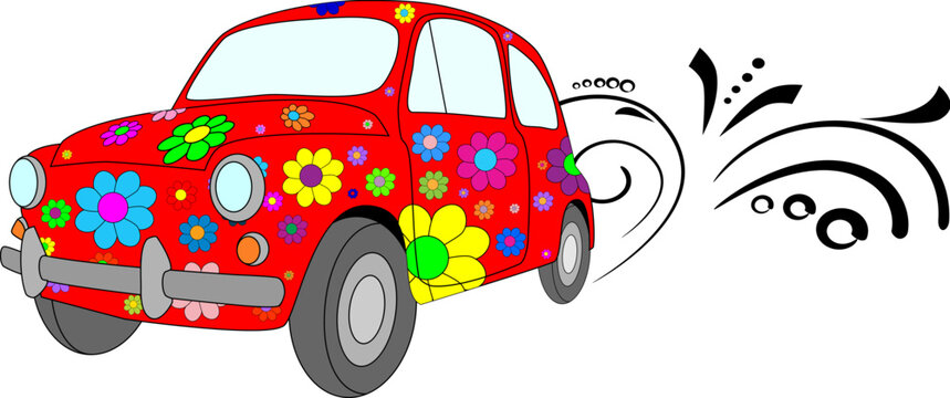 Vector picture of red hippie car with floral ornament