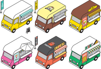 アイソメトリック　キッチンカー　セット　線あり