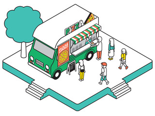 アイソメトリック　キッチンカー　ピザ　線あり