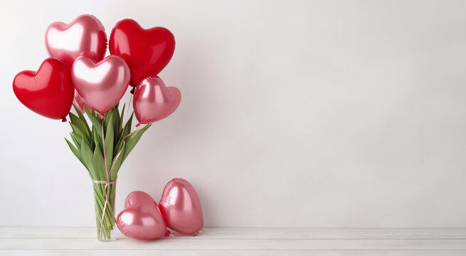 love balloon and flower vase decoration, with bokeh background and copy space. generative ai