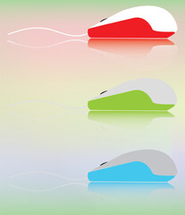 Obraz premium Three multicolored computer mice with a piece of a feeding cord and the bottom illumination are located one under another