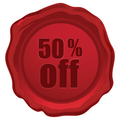 illustration of 50 % off  text engraved in wax seal on an isolated background