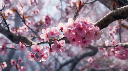 Beautiful peach tree flowers in spring. Delicate pink flowers on a branch in the garden. Generative AI