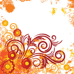 White background with   abstract orange and yellow flowers and  branches