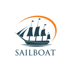 ship logo with a sailing ship silhouette design concept