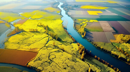The river flows through the yellow fields from the air view, generative ai illustration