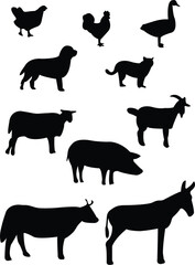 illustration of farm animals silhouette - vector