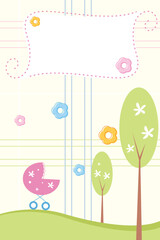 illustration of card for baby arrival with flowers and tree on checked background