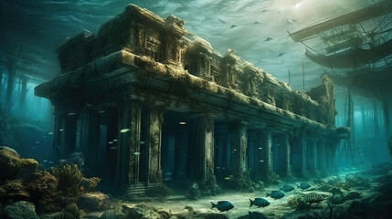 lost civilization. ruins under water. Generative AI