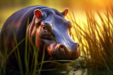 Fototapeta premium A hippo walking through the grass in river. Generative AI illustration