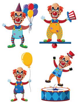 Set of creepy clown cartoon character on colourful outfit
