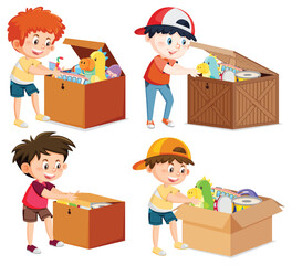 Set children with toys in the box