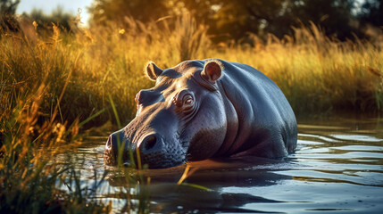 A hippo walking through the grass in river. Generative AI illustration