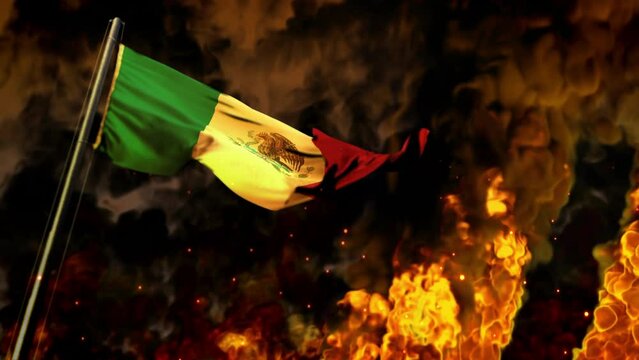 waving Mexico flag on burning fire background - crysis concept