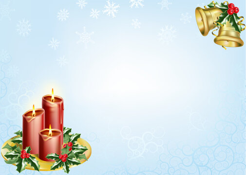 a christmas background with candles, bells and holly.
