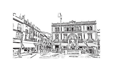 Building view with landmark of   Ronda is a city in Spain. Hand drawn sketch illustration in vector.