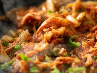 Kimchi fried rice in a pan, stir-fried dishes