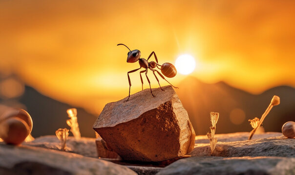 A macro shot of an ant on the top of rock while sunset, Generative ai illustration