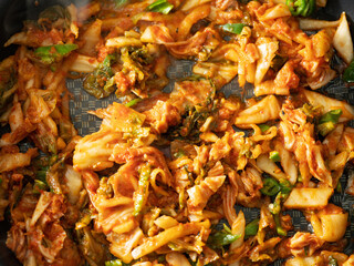 Kimchi fried rice in a pan, stir-fried dishes