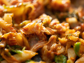 Kimchi fried rice in a pan, stir-fried dishes