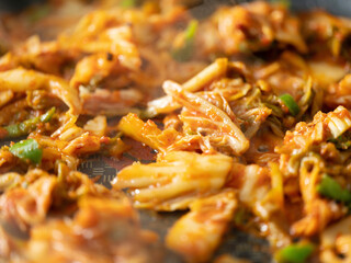 Kimchi fried rice in a pan, stir-fried dishes