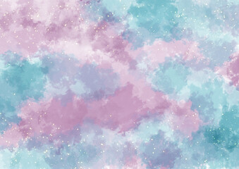 水彩風の大理石調のピンクと青の背景にキラキラが散らばった背景イラスト