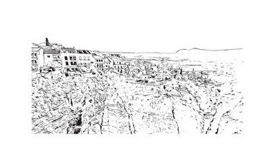 Obraz premium Building view with landmark of Ronda is a city in Spain. Hand drawn sketch illustration in vector.