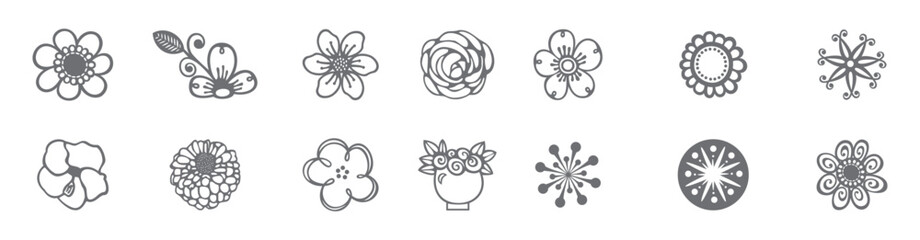 Set of flower icons, floral, spring. Hand Drawn Flower Collection Isolated on White Background