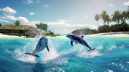 Dolphins jumping out of the ocean. Generative ai illustration