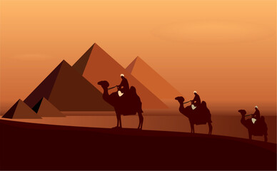 Caravan camels among desert and pyramids. Vector