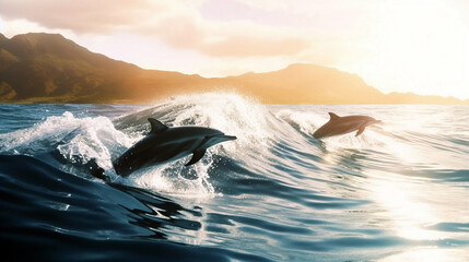 Dolphins jumping out of the ocean at sunrise. Generative ai illustration