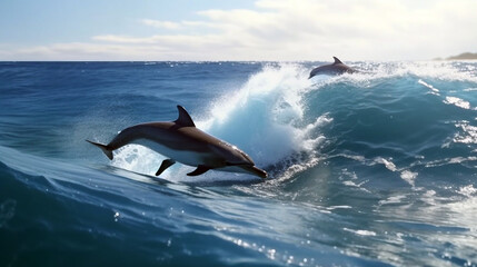 Naklejka premium Two dolphins jumping out of the ocean. Generative ai illustration