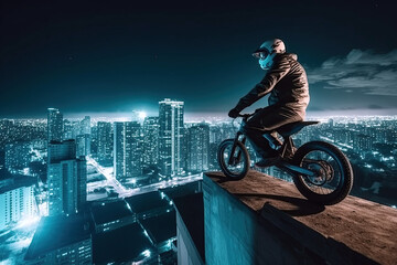 motorcyclist racer on sports motorcycle on roof of skyscraper at night. Generative AI