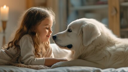 an image of a little girl playing with her dog companion at home. GENERATE AI