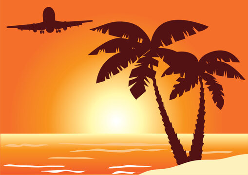 vector beach with palms and plane in the sky